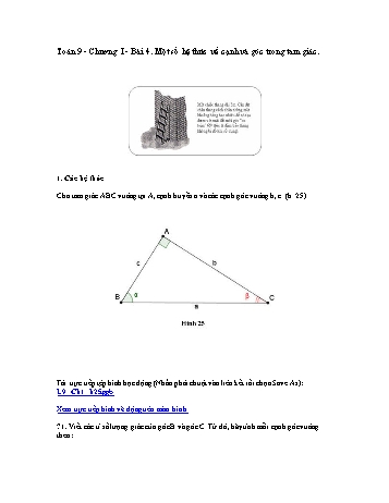 Giáo án môn Toán Hình học 9 - Chương I, Bài 4: Một số hệ thức về cạnh và góc trong tam giác