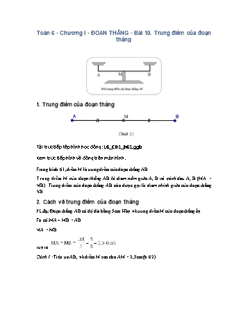 Giáo án môn Toán Hình học 6 - Chương I, Bài 10: Trung điểm của đoạn thẳng