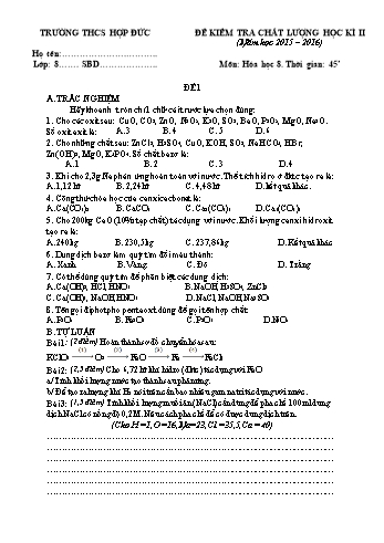 Đề kiểm tra chất lượng học kì 2 môn Hóa học 8 - Năm học 2015-2016 - Trường THCS Hợp Đức
