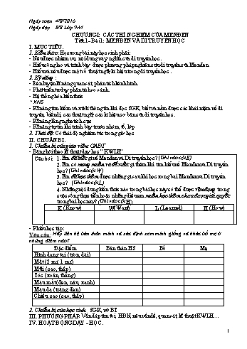 Giáo án môn Sinh học 9 - Bài 1: Menđen và di truyền học - Trường THCS Đằng Hải