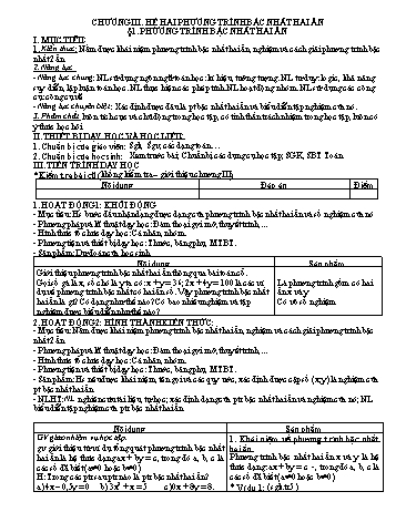 Kế hoạch bài dạy môn Toán Đại số 9 - Chương 3 - Năm học 2020-2021 - Trường THCS Hồng Phong