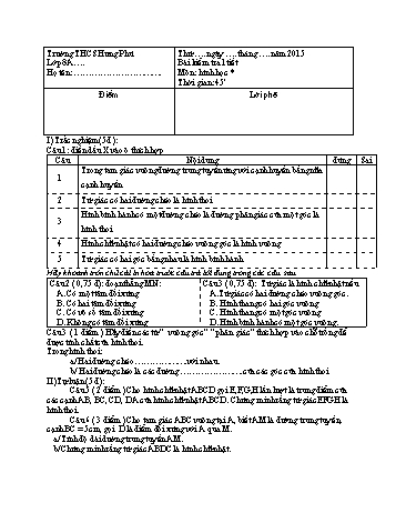 Bài kiểm tra 1 tiết môn Hình học Lớp 8 (Chương 1) - Trường THCS Hưng Phú Bài kiểm tra 1 tiết môn Hình học Lớp 8 (Chương 1) - Trường THCS Hưng Phú