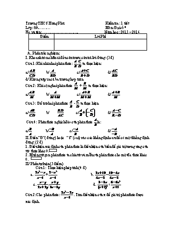 Đề kiểm tra 1 tiết lần 2 môn Đại số Lớp 8 - Năm học 2015-2016 - Trường THCS Hưng Phú
