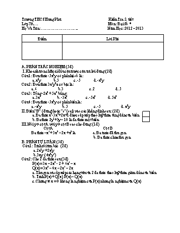Đề kiểm tra 1 tiết môn Đại số Lớp 7 - Năm học 2012-2013 - Trường THCS Hưng Phú