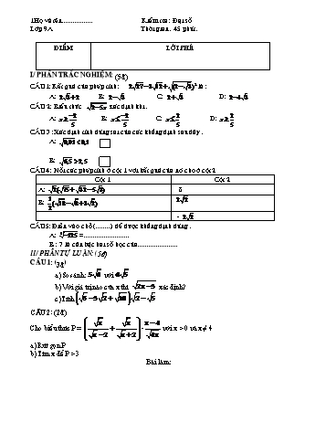 Đề kiểm tra 45 phút học kì I môn Đại số Lớp 9