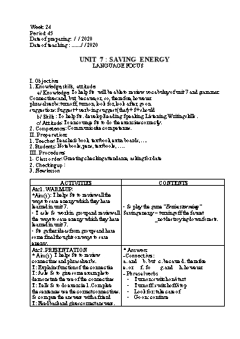 Bài giảng môn Tiếng Anh Lớp 9 - Tuần 24, Tiết 45+46: Unit 7: Saving energy - Năm học 2019-2020 - Trường THCS Vĩnh Thanh