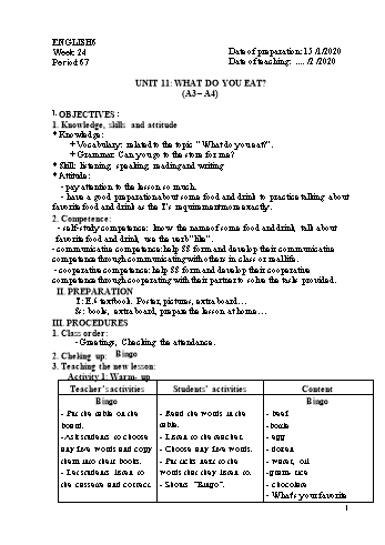 Giáo án môn Tiếng Anh Lớp 6 - Tuần 24 - Năm học 2019-2020