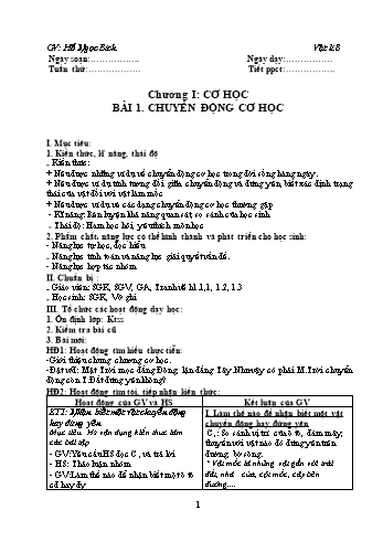 Bài giảng môn Vật lí Lớp 8 - Chương I: Cơ học - Bài 1: Chuyển động cơ học - Hồ Ngọc Bích