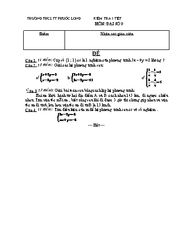 Đề kiểm tra 1 tiết môn Đại số Lớp 9 - Trường THCS TT Phước Long (Kèm hướng dẫn chấm)