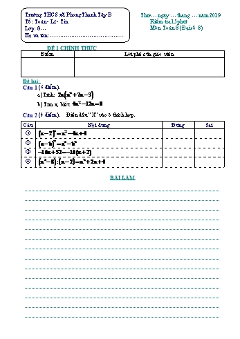 Đề kiểm tra 15 phút môn Toán Lớp 8 (Đại số 8) - Năm học 2018-2019 - Trường THCS Phong Thạnh Tây B (Kèm hướng dẫn chấm)