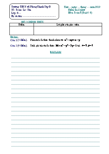 Đề kiểm tra 15 phút môn Toán Lớp 8 (Đại số 8) - Trường THCS Phong Thạnh Tây B (Kèm hướng dẫn chấm)