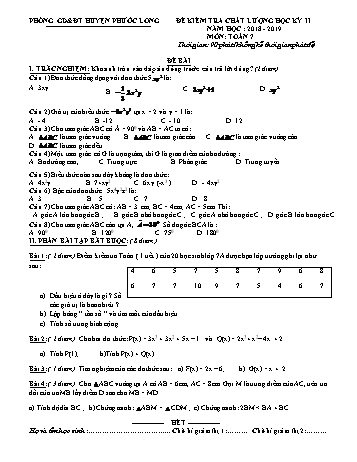 Đề kiểm tra chất lượng học kỳ II môn Toán Lớp 7 - Năm học 2018-2019 - Phòng GD&ĐT Phước Long (Kèm hướng dẫn chấm)