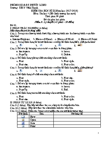 Đề kiểm tra học kì II môn Tin học Lớp 6 (VNEN) - Năm học 2017-2018 - Trường THCS Vĩnh Thanh (Có đáp án)