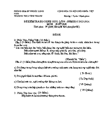 Đề kiểm tra học sinh giỏi môn Ngữ văn Lớp 6 - Năm học 2013-2014 - Trường THCS Vĩnh Thanh (Kèm hướng dẫn chấm)