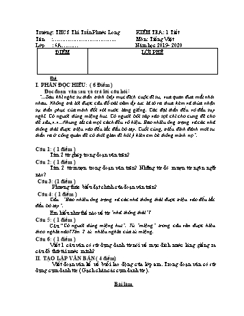 Đề kiểm tra môn Ngữ văn Lớp 6 - Năm học 2019-2020 - Trường THCS TT Phước Long (Có đáp án)