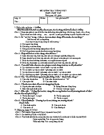 Đề kiểm tra tiếng việt môn Ngữ văn Lớp 6 (Có đáp án)
