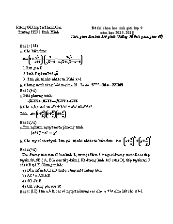 Đề thi chọn học sinh giỏi môn Toán Lớp 9 - Năm học 2015-2016 - Trường THCS Bình Minh (Có đáp án và biểu điểm)