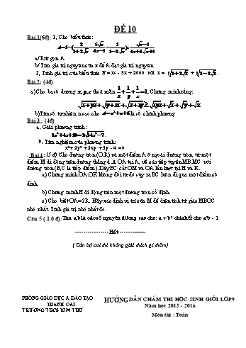 Đề thi chọn học sinh giỏi môn Toán Lớp 9 - Năm học 2015-2016 - Trường THCS Kim Thư (Kèm hướng dẫn chấm)