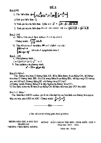 Đề thi chọn học sinh giỏi môn Toán Lớp 9 - Năm học 2015-2016 - Trường THCS Hồng Dương (Kèm hướng dẫn chấm)