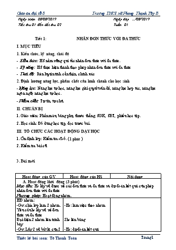 Giáo án môn Đại số Lớp 8 - Tuần 1 - Năm học 2019-2020 - Trường THCS Phong Thạnh Tây B