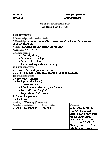 Giáo án môn Tiếng Anh Lớp 7 - Week 30, Period 86, Unit 14: Freetime fun - A: Time for TV (A3)