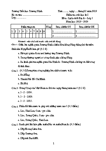 2 Đề kiểm tra cuối học kì I môn Lịch sử&Địa lí Lớp 5 - Trường tiểu học Trương Định (Có đáp án)