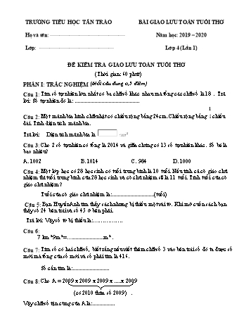 Bài giao lưu Toán tuổi thơ Lớp 4 (Lần 1) - Năm học 2019-2020 - Trường tiểu học Tân Trào (Có đáp án)