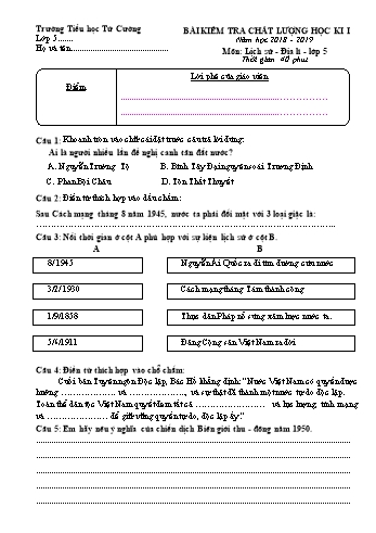 Bài kiểm tra chất lượng giữa học kì I môn Lịch sử&Địa lí Lớp 5 - Năm học 2018-2019 - Trường Tiểu học Tứ Cường (Có đáp án)