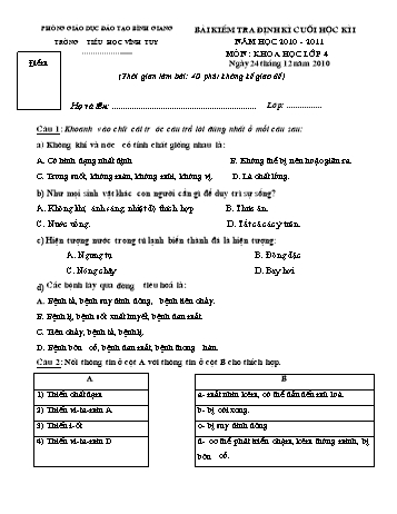 Bài kiểm tra định kì cuối học kì I môn Khoa học Lớp 4 - Trường tiểu học Vĩnh Tuy (Có đáp án)