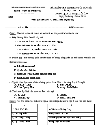Bài kiểm tra định kì cuối học kì I môn Lịch sử&Địa lí Lớp 4 - Trường tiểu học Vĩnh Tuy (Có đáp án)