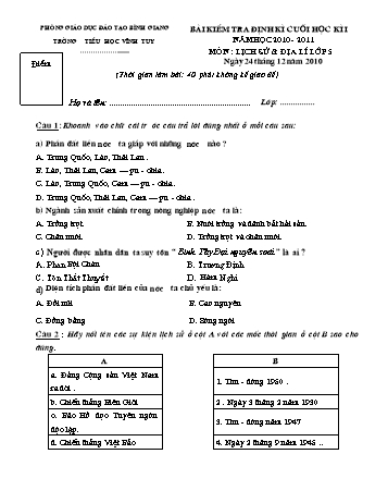 Bài kiểm tra định kì cuối học kì I môn Lịch sử&Địa lí Lớp 5 - Trường tiểu học Vĩnh Tuy (Có đáp án)
