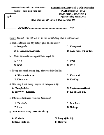 Bài kiểm tra định kì cuối học kì II môn Khoa học Lớp 4 - Trường tiểu học Vĩnh Tuy (Có đáp án)