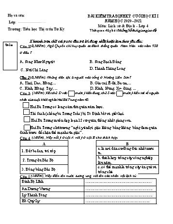 Bài kiểm tra định kỳ cuối học kì I môn Lịch sử + Địa lí Lớp 4 - Năm học 2020-2021 - Nguyễn Thị Phấn (Có đáp án)
