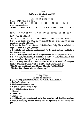 Bài tập ôn tập môn Toán + Tiếng Việt Lớp 2 - Tuần 18/2 đến 28/2 - Năm học 2019-2020