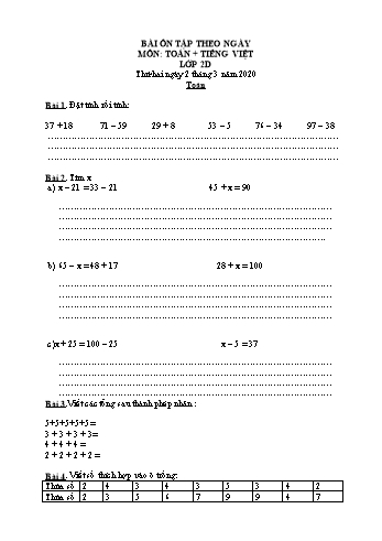 Bài tập ôn tập Toán + Tiếng Việt Lớp 2 (Lần 2) - Năm học 2019-2020