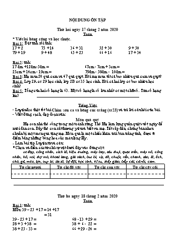 Bài tập ôn tập Toán + Tiếng Việt Lớp 2 - Tuần 17/2 đến 28/2 - Năm học 2019-2020