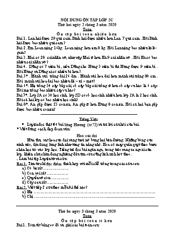 Bài tập ôn tập Toán + Tiếng Việt Lớp 2 - Tuần 2/3 đến 7/3 - Năm học 2019-2020
