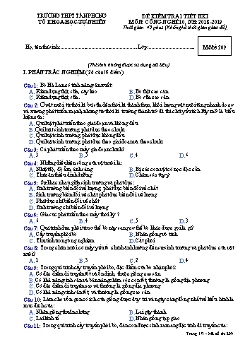 Đề kiểm tra 1 tiết học kì I môn Công nghệ Lớp 10 - Mã đề 209 - Năm học 2018-2019 - Trường THPT Tân Phong (Kèm đáp án)