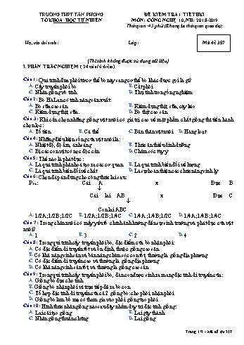 Đề kiểm tra 1 tiết học kì I môn Công nghệ Lớp 10 - Mã đề 357 - Năm học 2018-2019 - Trường THPT Tân Phong (Kèm đáp án)