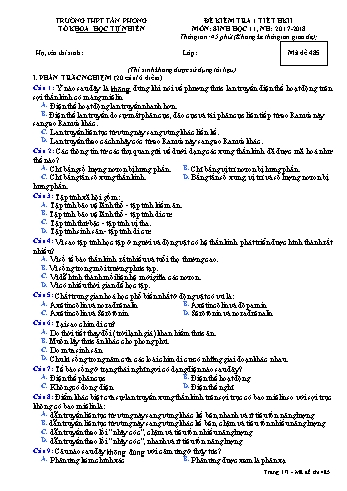 Đề kiểm tra 1 tiết học kì II môn Sinh học Lớp 11 - Mã đề 485 - Năm học 2017-2018 - Trường THPT Tân Phong (Kèm đáp án)