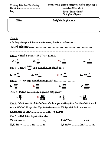 Đề kiểm tra chất lượng giữa học kì I môn Toán Lớp 5 - Năm học 2018-2019 - Trường Tiểu học Tứ Cường (Có đáp án)