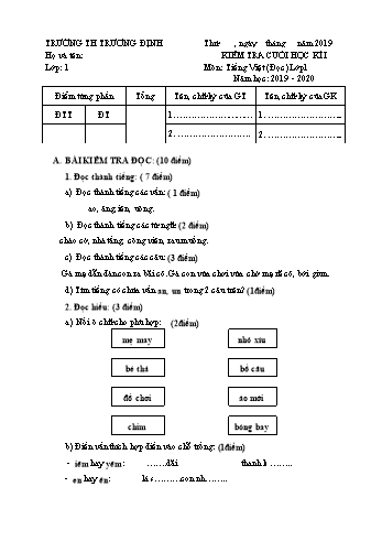 Đề kiểm tra cuối học kì I môn Tiếng Việt Lớp 1 - Năm học 2019-2020 - Trường tiểu học Trương Định (Có đáp án)