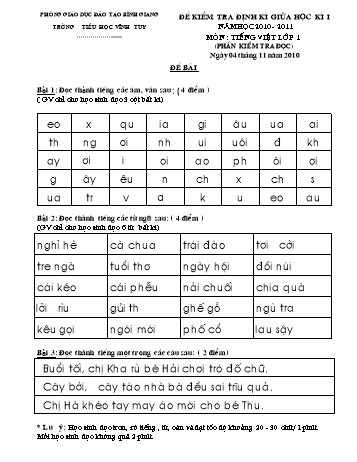 Đề kiểm tra định kì giữa kì I môn Tiếng Việt Lớp 1 - Trường tiểu học Vĩnh Tuy (Có đáp án)