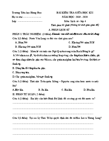 Đề kiểm tra giữa học kì I môn Lịch sử + Địa lí Lớp 4 - Năm học 2019-2020 - Trường Tiểu học Hưng Đạo (Có đáp án)