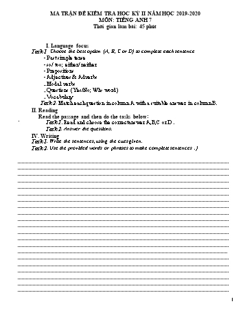 Đề kiểm tra học học kỳ II môn Tiếng Anh Lớp 7 - Năm học 2019-2020