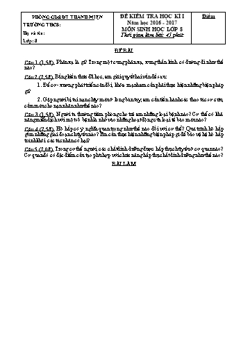 Đề kiểm tra học kì I môn Sinh học Lớp 8 - Năm học 2016-2017 - Phòng GD&ĐT Thanh Miện (Có đáp án)