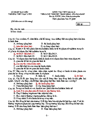 Đề kiểm tra THPT Quốc gia năm 2018 môn Giáo dục công dân (Theo cấu trúc đề tham khảo của bộ GD&ĐT) - Trường THPT Bạc Liêu (Có đáp án)