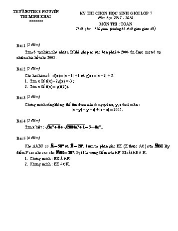 Đề thi chọc học sinh giỏi môn Toán Lớp 7 - Năm học 2017-2018 - Trường THCS Minh Khai (Có đáp án)
