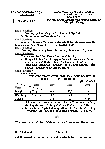 Đề thi chọn học sinh giỏi môn Địa lí Lớp 9 THCS cấp Tỉnh - Năm học 2013-2014 - Sở GD&ĐT Hải Dương (Có đáp án)