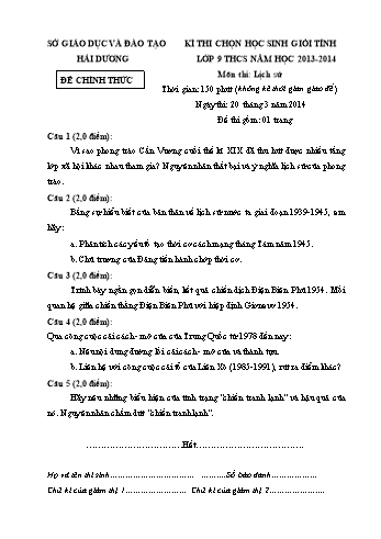 Đề thi chọn học sinh giỏi môn Lịch sử Lớp 9 THCS cấp Tỉnh - Năm học 2013-2014 - Sở GD&ĐT Hải Dương (Kèm đáp án)